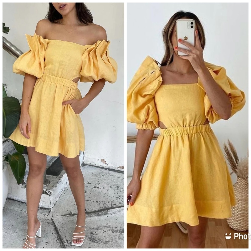 Sovere Noble Mini Dress Cut Out Puff Sleeve Buttercup Yellow Sz XS